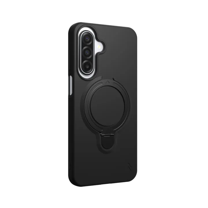 ZIZO Revolve Magnetic Black case for Galaxy A17 5G on a white background, its ring kickstand swinging open and closing.